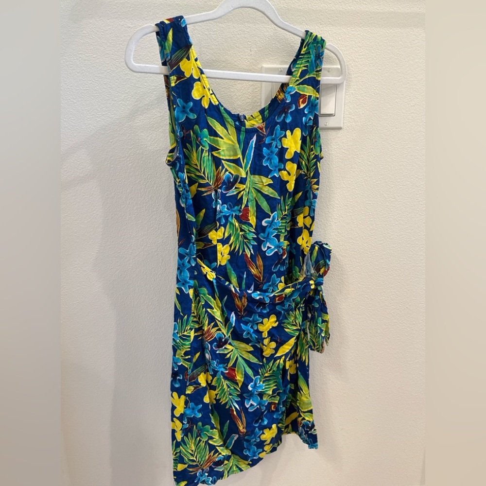 Tropical Floral Sleeveless Tie-Waist Dress - Blue & Yellow